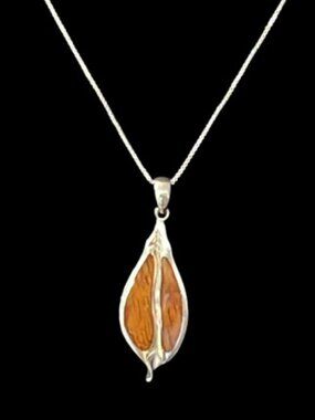 Alamea Sterling Silver Maile Leaf Koa Wood Pendant Necklace- NWOT